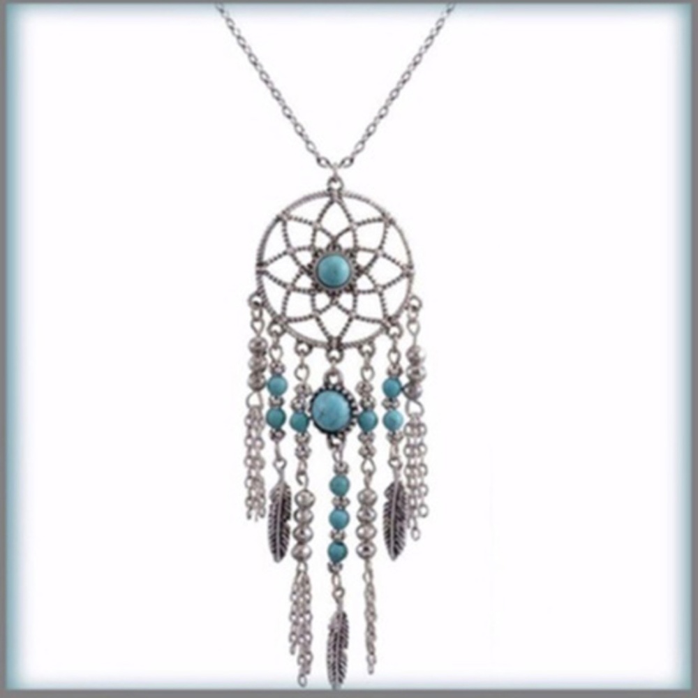 Silver Feather Turquoise Dreamcatcher Necklace - Brand New With Tags